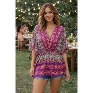 Umgee SMALL  Boho Patterned Blouse  - Multicolor Rayon V-Neck with Tie Back